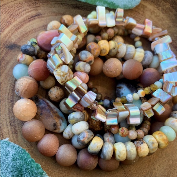 Natural Multicolored Agate, Amazonite & Unakite Gemstone Mix Bead Bracelet Stack - Picture 8 of 10